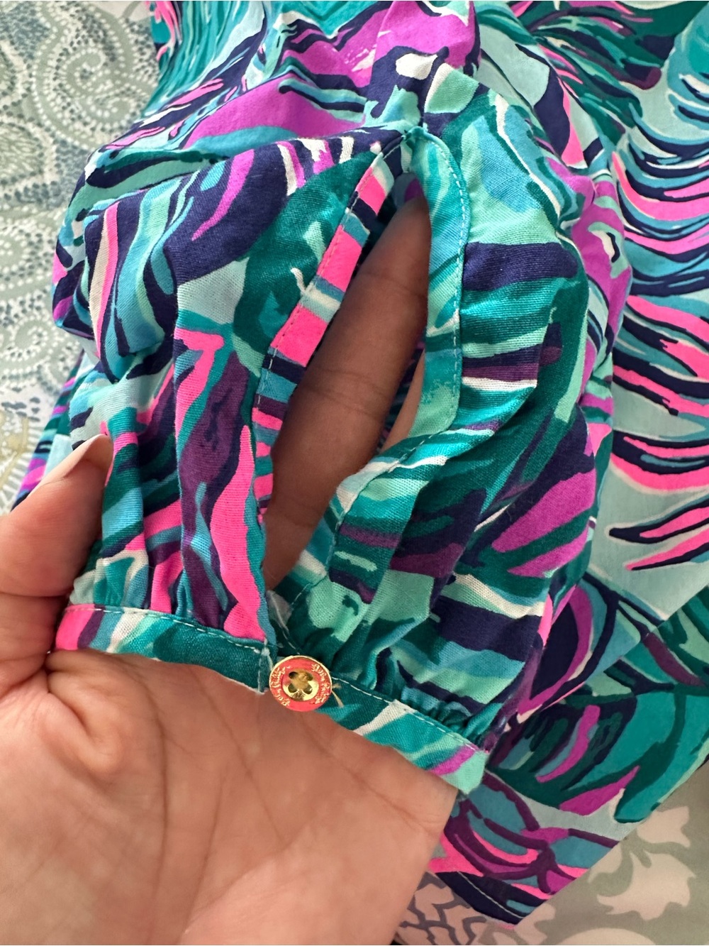 Lilly Pulitzer XL Tropical Palm Print Embroidered Tunic Top Pink Teal - Picture 5 of 7